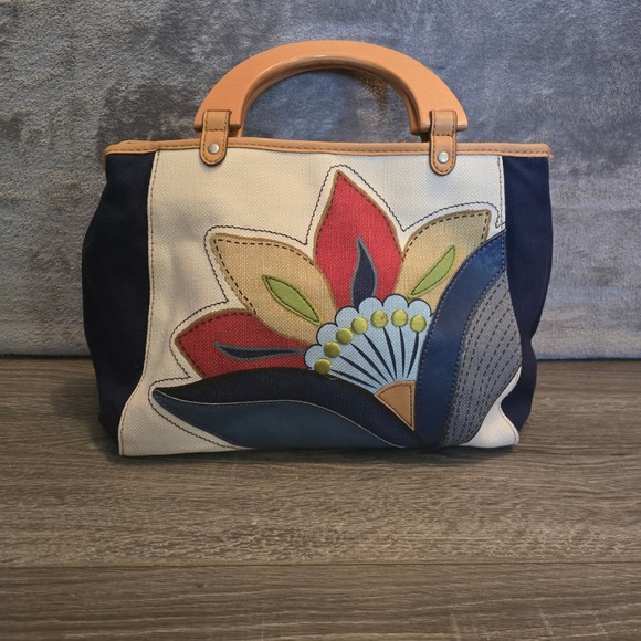 Relic Handbags - Relic Floral Applique Canvas Satchel Purse Acrylic Handle Handbag Bag